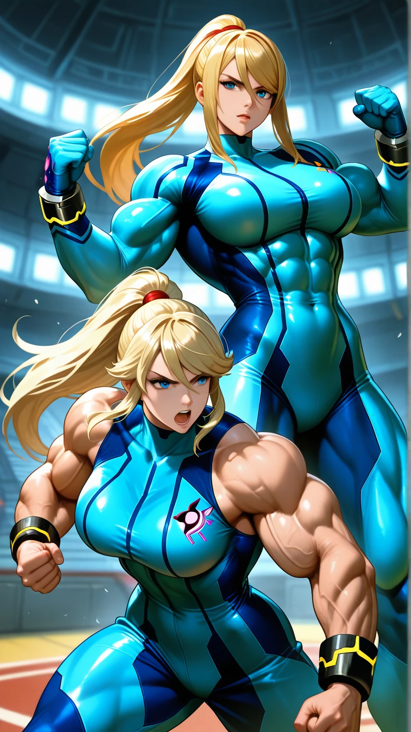 (Eine detaillierte Zeichnung von huge muscle Girl with Long blonde hair, female Bodybuilding,dominate Wrestling fetales muscle hunk, bodybuilding gym.), shirtless, barefoot, Wrestling, Full body image,naked torso, bare breasts