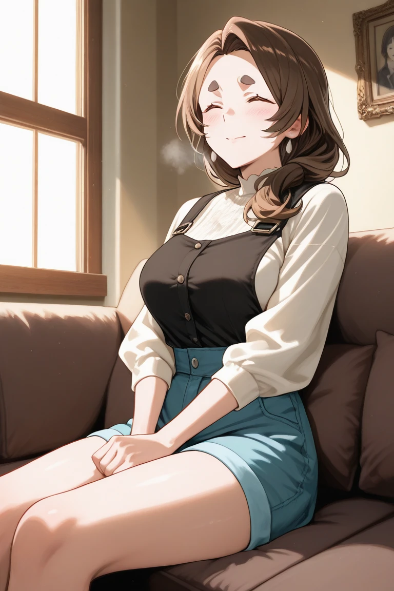 score_8_up, score_7_up, source_anime, 1female, brown hair, brown eyes, low ponytail, large breast, living room