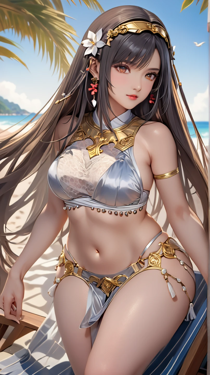 Nezuko kamado as a belly dancer with gold with white dress outfit revealing her cleavage,she has a six pack abs, standing on beach,