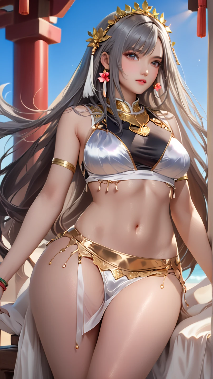 Dark-skinned adult woman with long white hair, huge breasts,White eyes and red pupils,gold tiara,gold bracelet,gold anklet,Black bikini,Sunlight,on the beach