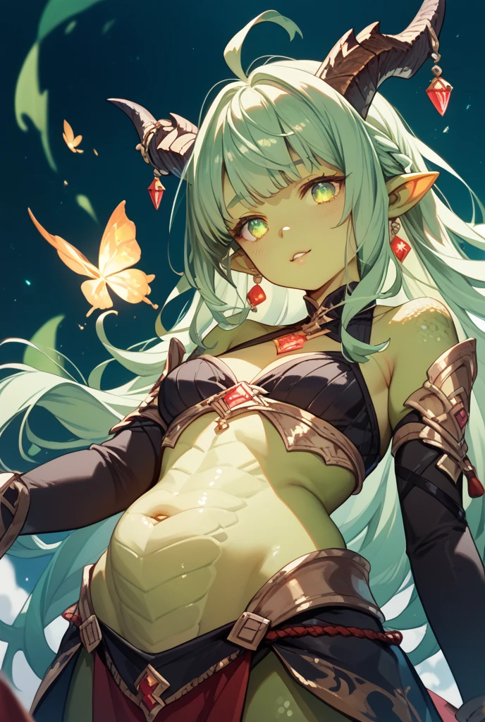 Black background with spotlight,mature elf 1people((Dark Skin:1.5,Golden eyes:1.4,Bright green hair:1.3,Gal Style,big ,)), Leopard print underwear