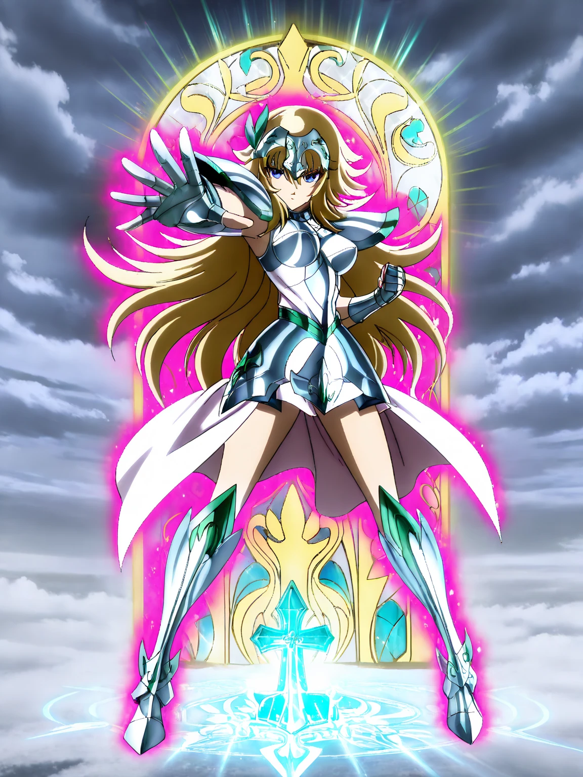 ((masterpiece)),((best quality)),ultra-detailed,illustratio,Explicit,Beautiful body,Beautiful Nose,Beautiful character design,perfect eyes,perfect face,wallpaper,ultra highres,4K,photography,(Beautiful,breasts),(beautiful face),(beautiful legs, perfect legs),shiny skin,anime screencap,official style,1girl,long blonde hair,full armor,standing,open stance,cowboy shot,looking at viewer,forest