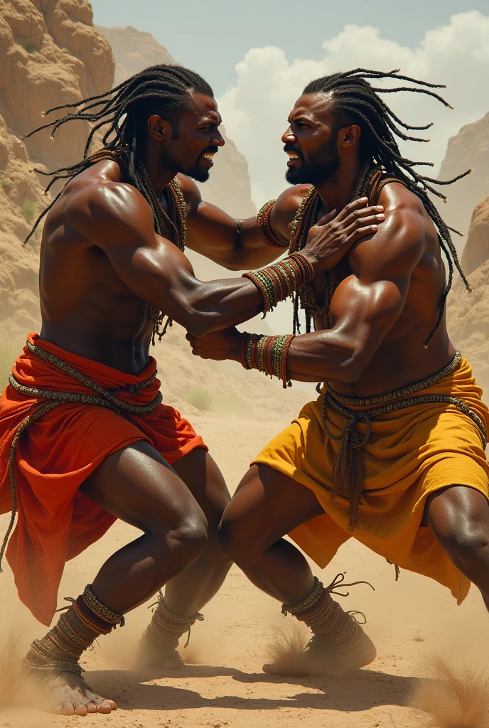 African warriors dragging a man