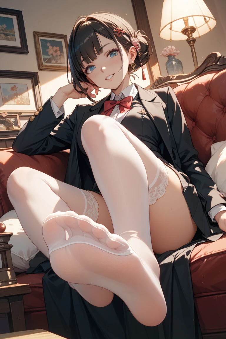Young cute gravure idol, masterpiece, best quality, high resolution, solo, big, indoor, lying down, arms outstretched, two thighs exaggerated, desire, bed, (gray blazer, ribbon, socks, high school uniform: 1.2), heavy breathing, sexual expression, open legs, ((black hair, bob hair: 1.2)) --auto --s2