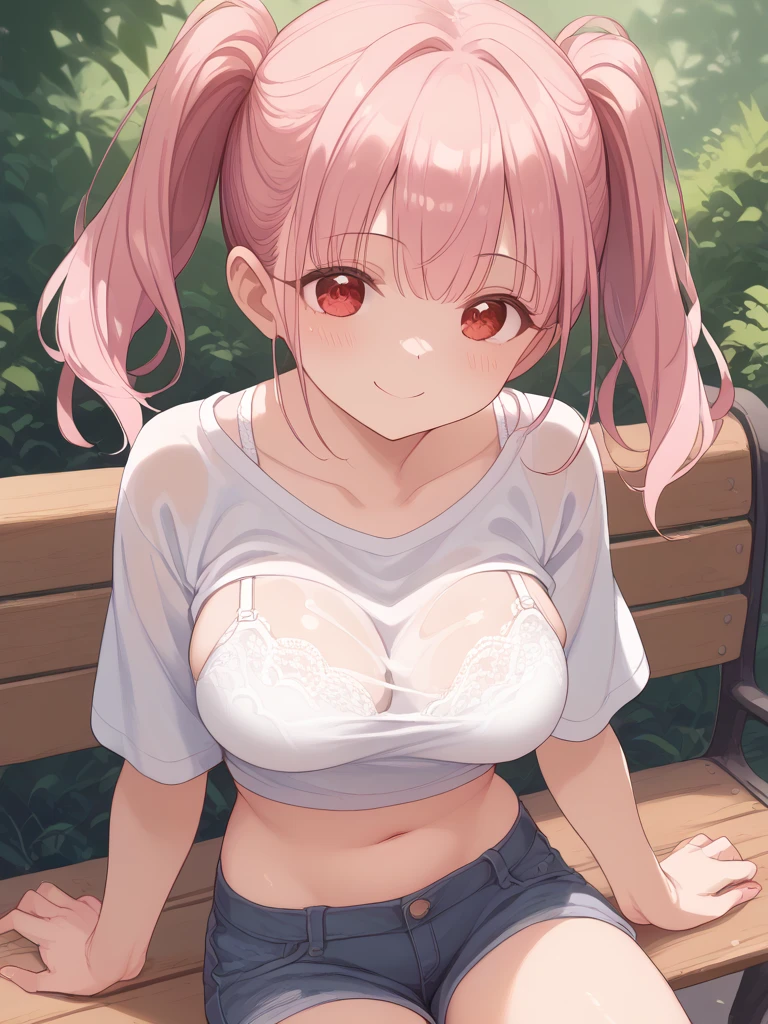 pov, paizuri, 1girl, 1boy,, , , , paizuri, penis between the breasts, breasts squeezed together, idiot little sister tittyfucked me in the lawn, dog are watching, little sister wearing a striped pattern bikini, pink hair, cute, cleavage