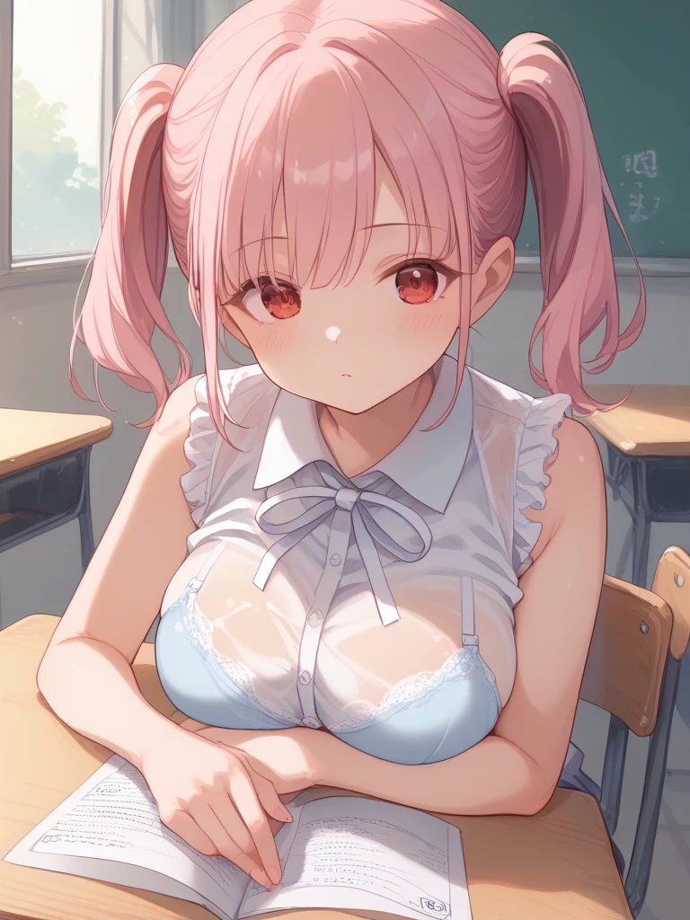 one girl、long twin tails、(pink hair:1.3)、pink eyes,normal breasts,cute face、cute anime illustration、Tsundere、clear eyes、nice、Black hair fastening、high angle, detailed face and eyes、 inside the classroom、School、sunset、beautiful face、blurred background、16 year old beautiful girl、shiny skin、sailor suit、stand on one knee、(I can see your pants:1.2)、smile with open mouth、spread your legs,pink good、pink underwear、NSFW、(vapor:1.2),(Sweat:1.3)