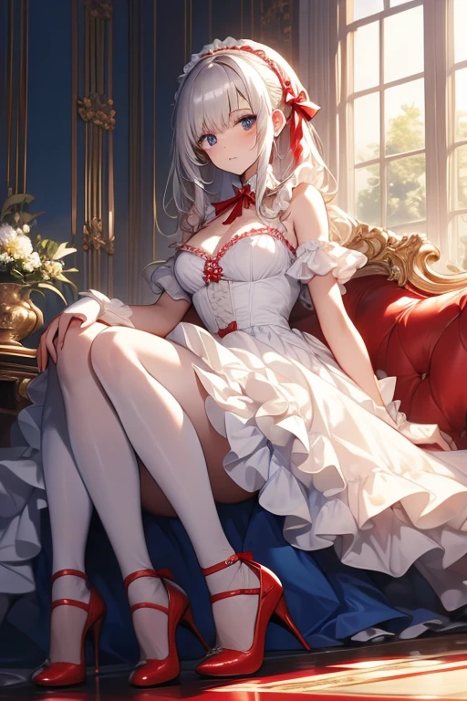 Woman, gorgeous, sexy, white hair, red eyes, two ponytails, red maid-like dress, black and white little details, ruffled skirt, seductive look, seductive pose, white stockings up to the middle of the thighs, red shoes