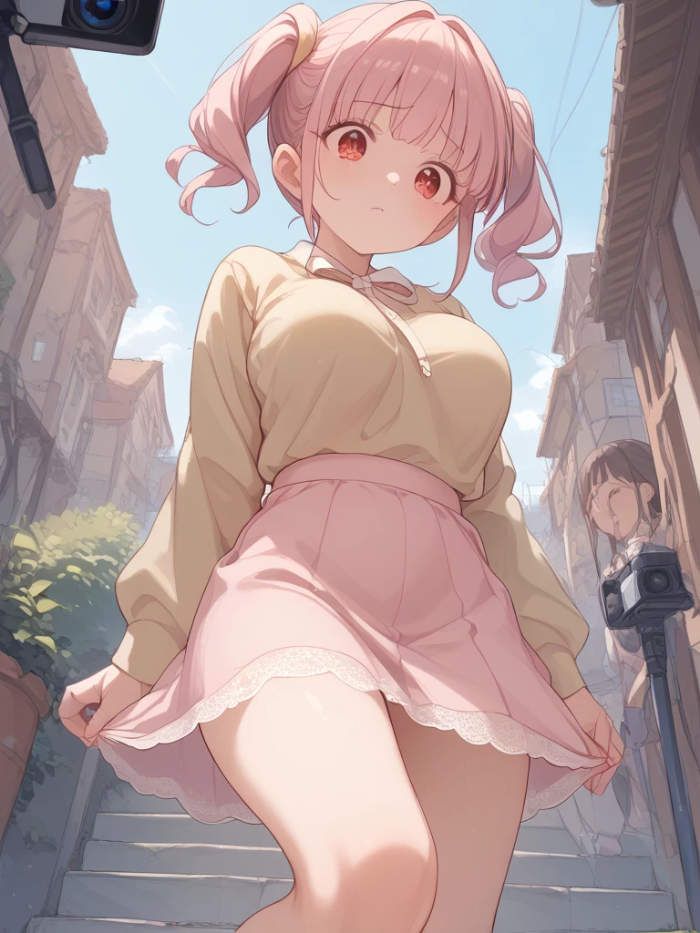 (highest quality), Super detailed), (Ultra High Resolution 8K), High-definition facial beauty, ((Skirt Lift)), take off your clothes, (((Blushing, Embarrassing))), Girl with anxious expression, (Big Breasts), Knitwear, Slit Skirt, Showing panties, Very hot day, Shade, ((Walk and seduce))