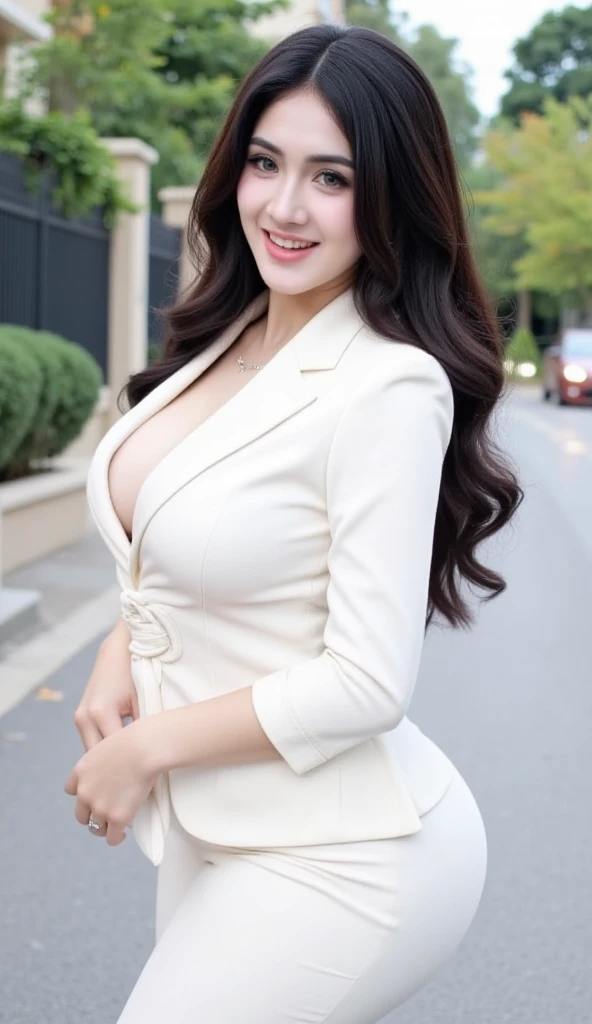 1 girl, national foundation, ((32k, raw, masterpiece: 1.5)), (Professional photography, sharp:1.2), Perfect dynamic composition, (Natural sun light), (soft shadow), (((skinny figure))), ((huge round breasts:1.2)), (((((black long hair))))), Ultra-detailed faces and skin, perfect asian, White skin, (Delicate skin:1.4), (latex skin:0.4), (perfect glowing skin:0.6), light brown eyes, beautiful eyes, round eyes, pretty face, blush, glossy lips, (((plump lips))), glossy eyes, Perfectly proportioned face, Really moist skin, ((excited expression)), (((huge smile at the camera))), looking at camera, Elegant necklace, Elegant earrings, minimalist, (((white shirt, pink blazer))), (((pink skirt))), (((white and pink newsboy hat)))