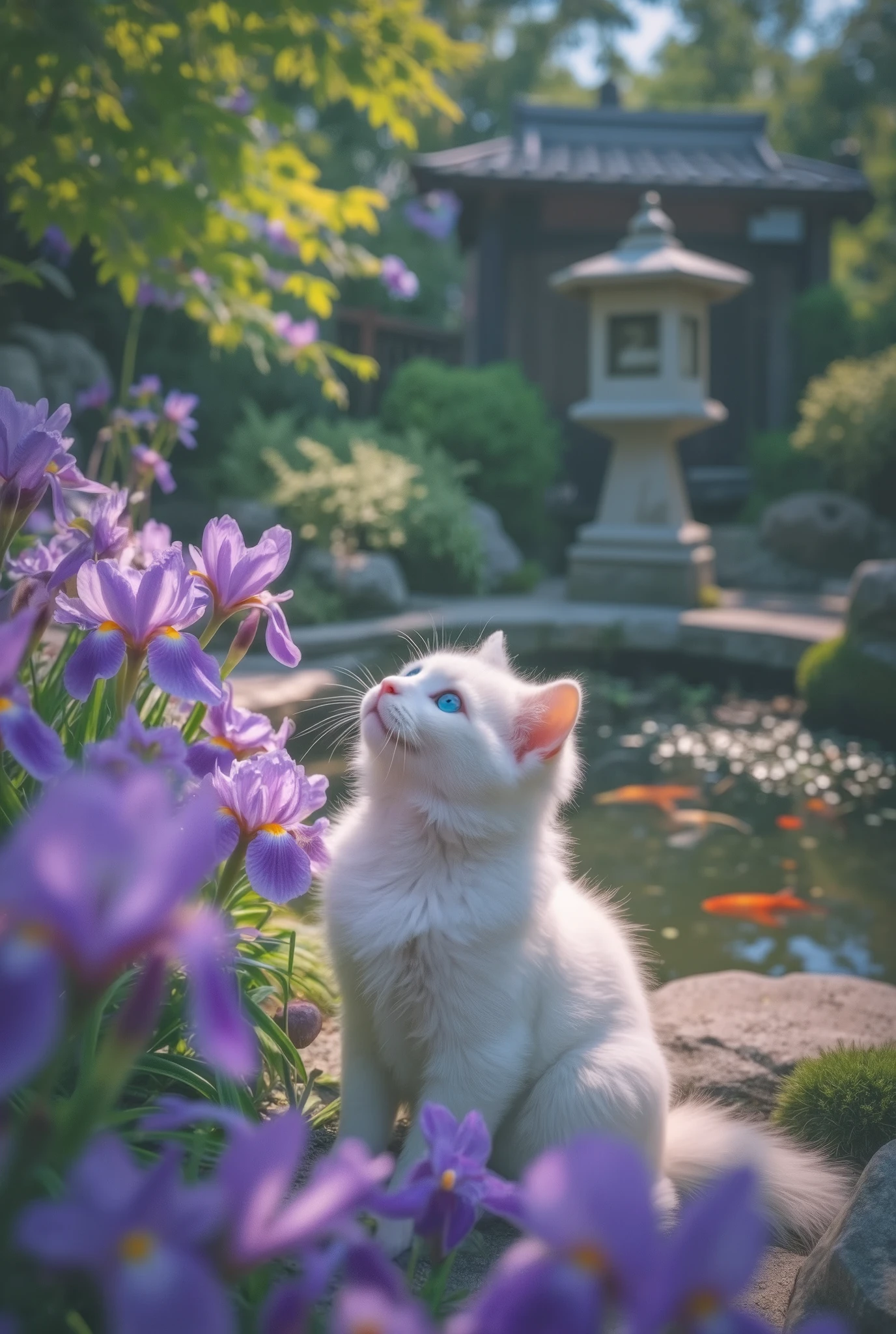 masterpiece, best quality, ultra detailed, white fluffy cute cat with gentle blue eyes, sitting near blooming irises, looking upward and sniffing the vibrant purple and violet flowers, curious and peaceful expression, traditional Japanese garden in early summer, lush green foliage, stone lantern nearby, koi pond in soft focus background, soft natural morning light, calm and serene atmosphere, anime style, cinematic composition, highly detailed and picturesque