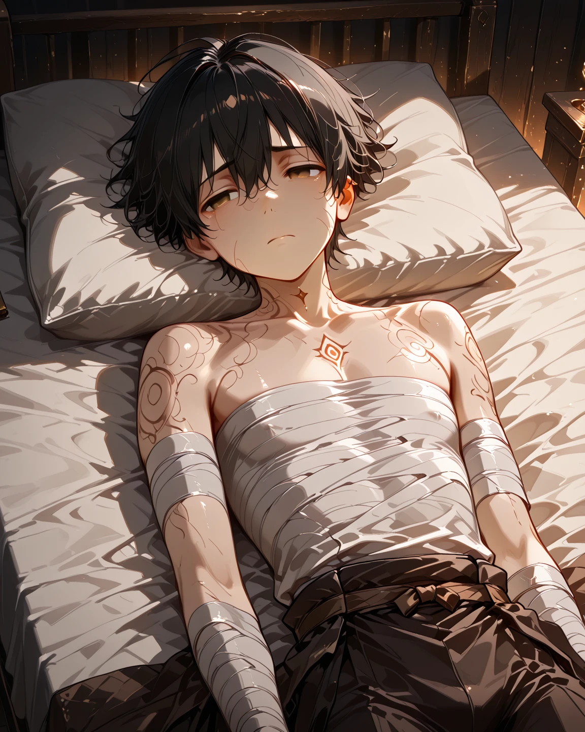 Crying Boy,Crying Boy,A terribly frightened boy,Boy's occipital head,posterior view,barechested,nudde,gargantilha,and bruises all over the body,Dirt all over the body,underground room,gargantilha,Sweating,Concrete walls,Concrete floors,