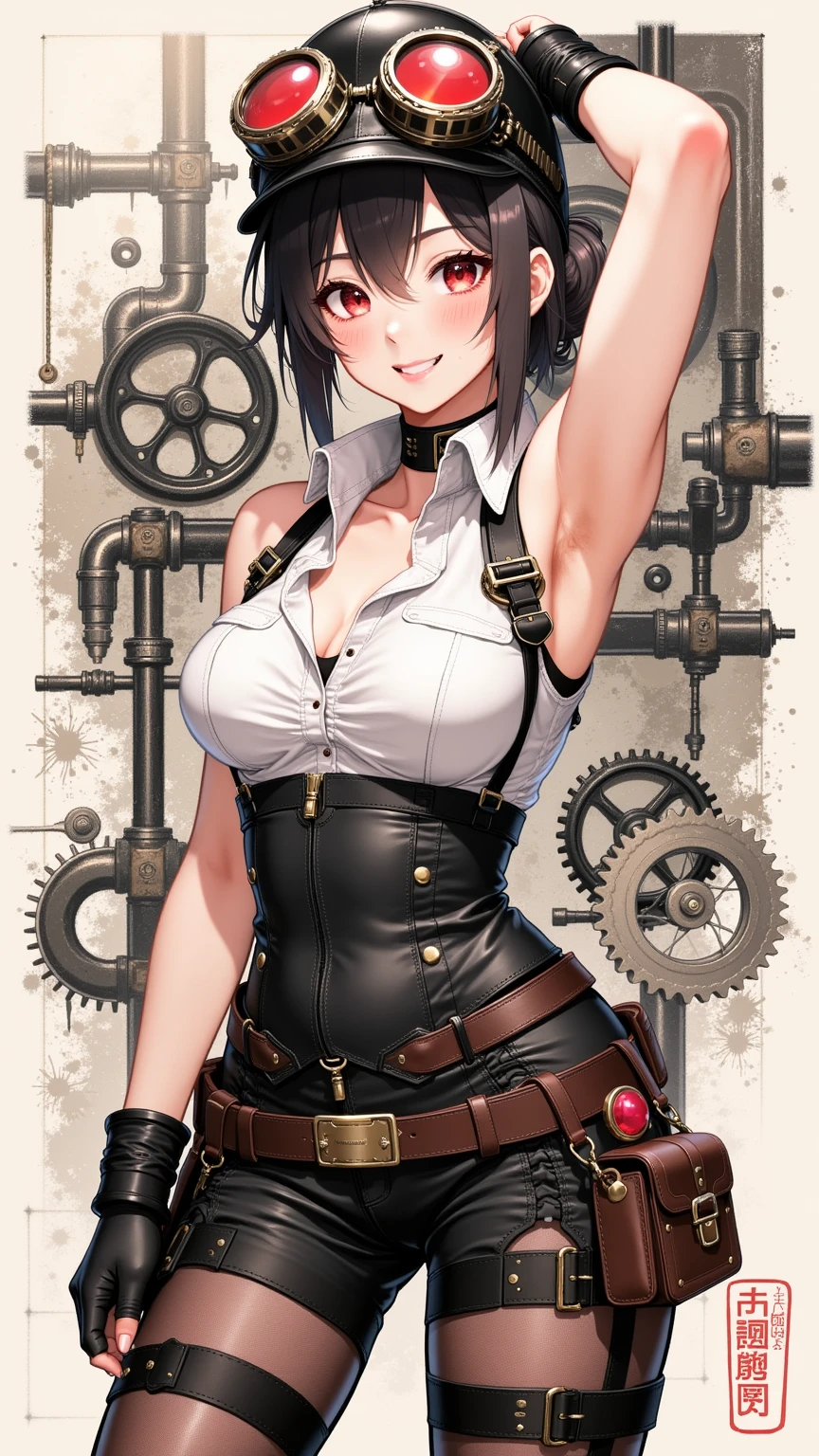 "A female mechanic in steampunk attire, her face fully detailed with a confident smirk. Her goggles and tools merge into bold sumi-e brushstrokes and ink splashes. Background features abstract ink-drawn gears and pipes. No text, no signature, no watermark, no calligraphy."