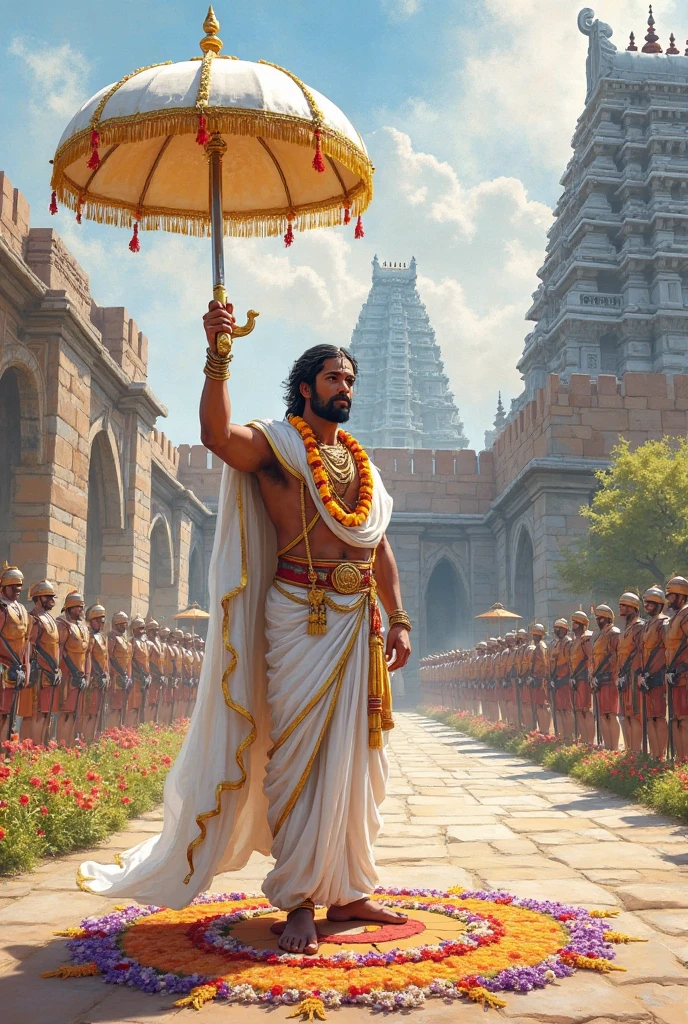 High-resolution photograph of A tamil king wearing golden dhoti is riding a two horsed chariot on palace road, hyper realistic, 3d 