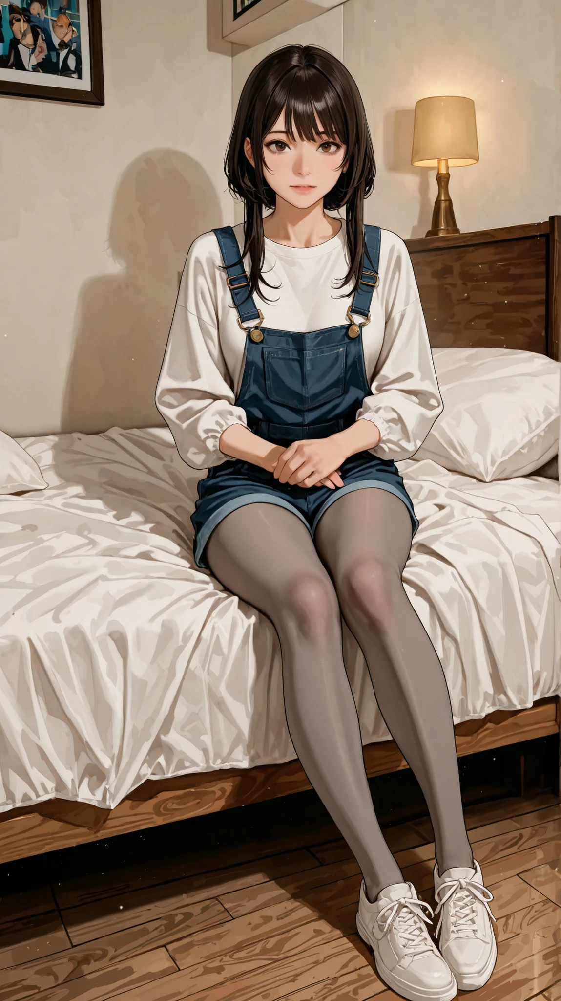 score_9, score_8_up , score_7_up , score_9,Score_9, Score_8_up , Score_7_up ,Realistic style, indoor bedroom scene. A woman wearing light gray pantyhose is sitting on the wooden floor. In the background, you can see bedroom items such as bed and shoes. The overall atmosphere is comfortable and everyday.