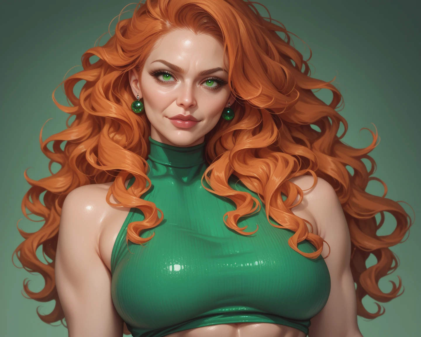 Digital drawing of a woman, wearing a green jumpsuit, tight to the body, showing the curves of her sexy body, athletic body, voluminous breasts, wide hips, toned thighs, red curly hair, brown eyes, thin eyebrows, upturned nose, full lips, 4k, Comic Babes