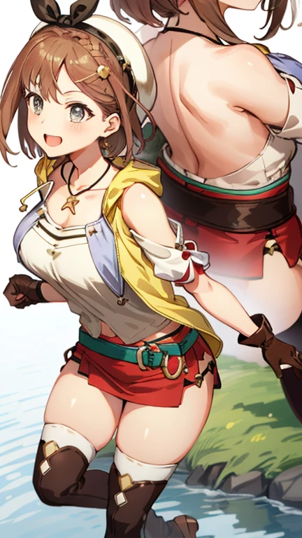 masterpiece,?????? anime character, I'm straddling a man's crotch, Ryza having intense cowgirl sex, (((Aggressive vaginal sex: 1.2))), favorite,Bounce and shake wildly,, 32K,Super detailed,Ultra-detailed,Big Breasts, Vibrant breasts, Short brown hair, shirt, Shorts, Red shorts, White Beret, Black knee socks, Ryza outfit, loungewear, {{A biological weapon that preyed on the sleeping Ryza and transformed into her appearance, Big bouncing}}, Shake violently, Overall view, Town, NSFW