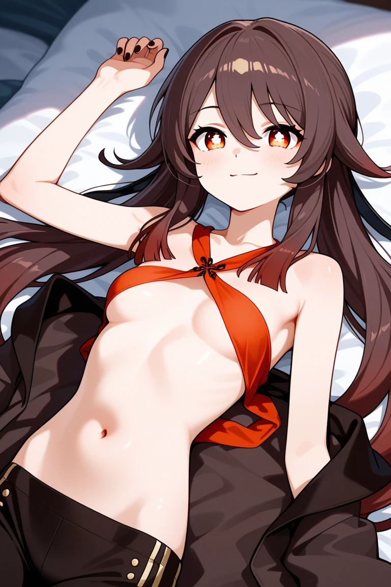 hu tao,16 years old teen, hu tao hat, illustration, fire-themed,[red color],beautiful detailed eyes,beautiful detailed lips,longeyelashes,playful smile,black hair flowing with the wind,[blush on cheeks],[flowing red dress], Sit on a chair with her legs apart, light emitting from her hands,floating cherry blossoms,bright and warm lighting,(best quality,highres),(vivid colors,dynamic colors),mysterious atmosphere,creative composition, small breast, nipples, areola nipples, armpit, perfect armpit, slim body, skinny body, open legs, spread legs, her vagina is clearly visible, vagina, white fluid coming out from her vagina, spread vagina, pornographic exposure, camera view from under her crotch, detailed vagina.