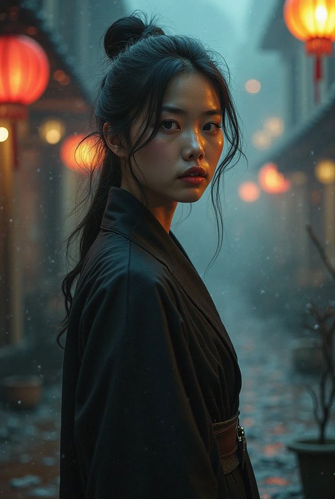 Korean beautiful woman, stabbed throat of a ninja blood in the throat