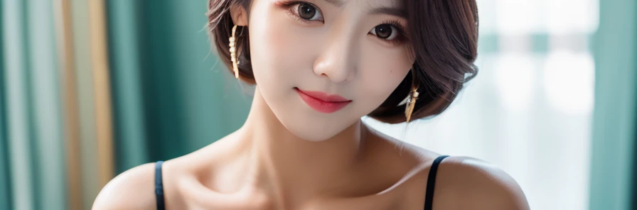 close-up of beautiful korean female, 34 inch breasts size, hair between eyes, wearing pibk sleeveless shirt, sitting on the crouch,in the office, bokeh background, UHD