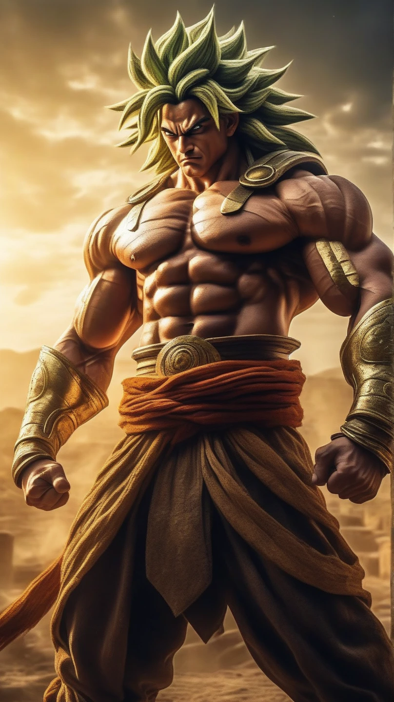 1boy, biceps, blonde hair, green eyes, blue sash, blue wristband, clenched hands, collarbone, dougi, electricity, energy, floating rocks, yellow aura, frown, looking at viewer, full body, male focus, muscular, muscular male, pectorals, rock, sash, scratches, serious, solo, spiked hair, super saiyan, super saiyan 1, male, v-shaped eyebrows, wristband, , insanely detailed, detailed background, ((masterpiece)), absurdres, 8k uhd