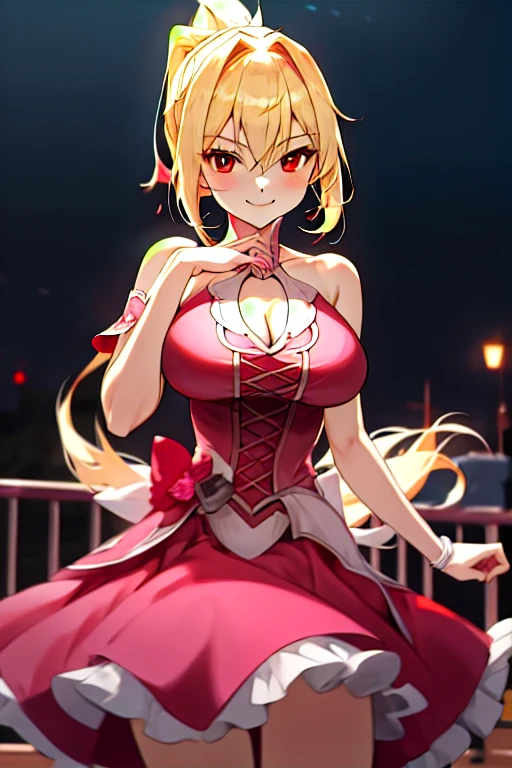 adult girl, longue blonde hair, red eyes, Red Dragon Horns, tattoo, red tight corset, open breasts, Deep wide neckline, open shoulders, Visible navel, Jeans, sitting in chair, Masterpiece, hiquality, 4k, HD, Good detail