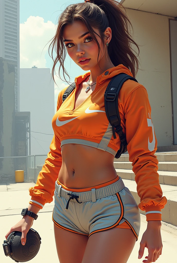 Woman with wavy hair like a mermaid, dark blonde hair, light colored perfect eyes, cleavage slightly visible, dark blue hoodie with zipper, orange shorts, textured fabric, resort, palm trees, clear sky, balcony of high-rise resort hotel, railing standing by, backlighting effect, depth of image, 8K, RAW photo, best image quality, masterpiece, wide light, realism, sunlight,
epic realistic, intricate details, hyper detailed, cinematic, rim light, 
