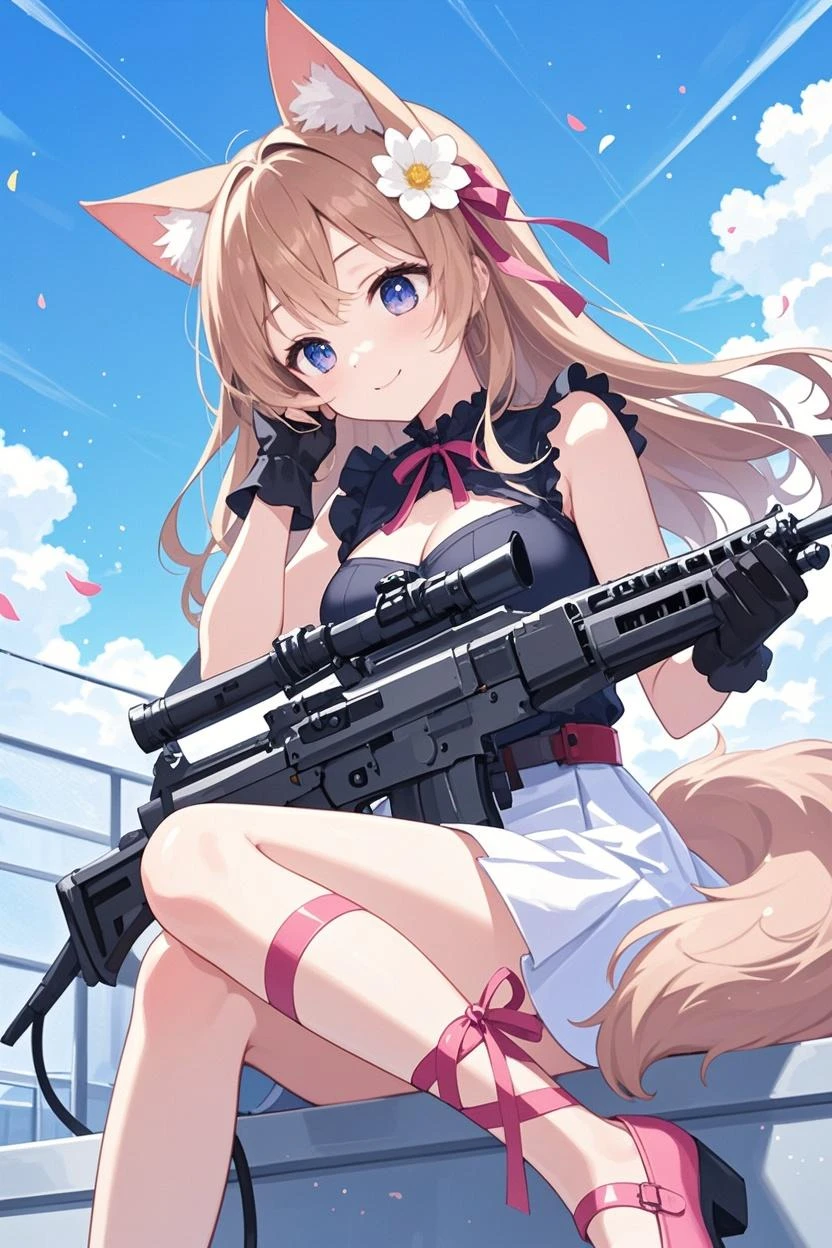 a beauty girl，Ribbon on uniform，Cute uniform，blazers，A smile，Girl with an assault rifle，Savage Girls，girl，top-quality，Colossal tits，​masterpiece，Excellent style，Erotic Cute，超A high resolution，beautiful a girl，Lovely girl，multicolored hair，Loose socks，HD image quality，beautidful eyes，Perfect Beautiful Girl