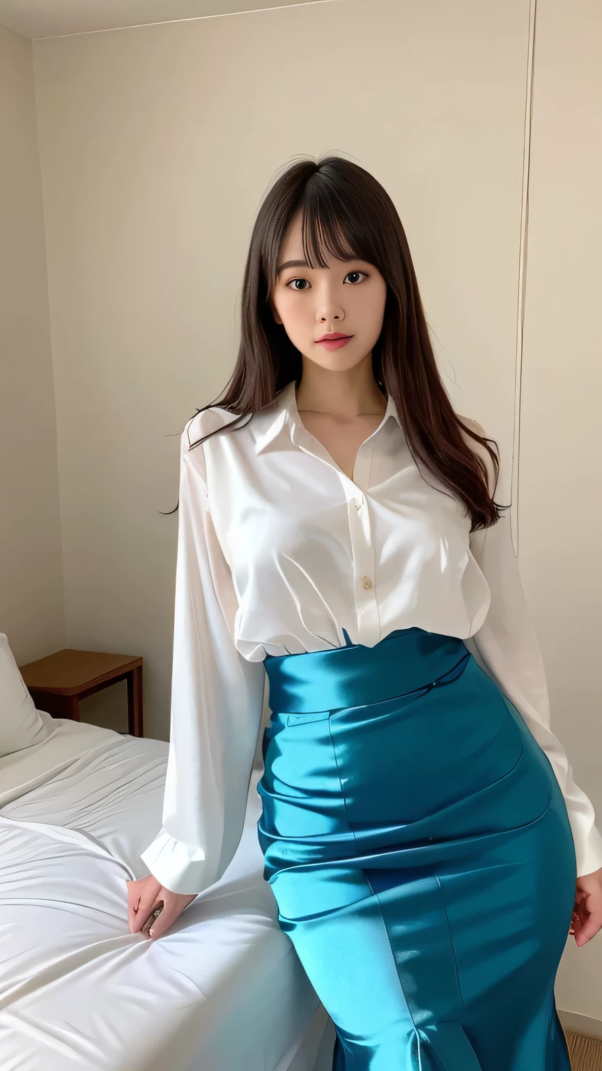 ((top-quality、8K、​masterpiece:1.3))、((1womanl))、((japanese mature))、((slim figure))、((Luxurious and detailed hotel rooms))、((Luxurious and detailed beds))、((Lying in bed))、((beautifully detailed hair))、((Beautiful and ultra-detailed face))、((kindly smile))、((Detailed blouse))、((Detailed necklace))、((Detailed long skirt))、((Flip up the hem of your long skirt to show your thighs))、((Beautiful and detailed thighs))、((Beautiful and detailed legs))