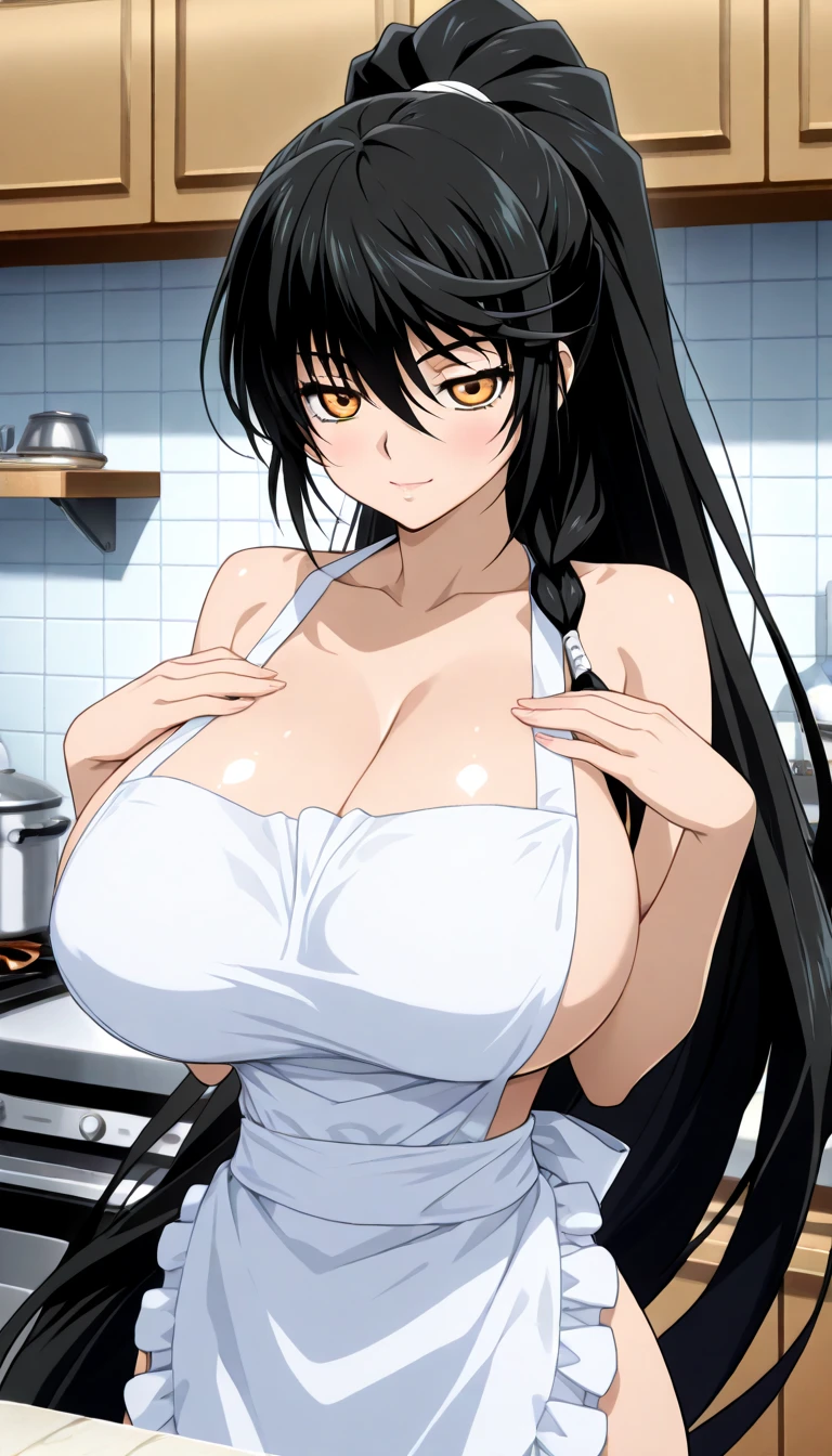 A tall and beautiful mature woman, shy expression, revealing thighs and shoulders, plump body and armpit hair, big breasts, wearing a naked apron, (apron broken to reveal the body), (uncovered body: 1.4) wife, in a kitchen, raised (bulge 1.4), sheer fabric, translucent fabric, wet fabric, translucent fabric, small apron, stretch apron,, shrink breasts, overflow breasts, large, thin fabric, imprint, huge breast imprint, apron too small, stretch apron, The apron stretch is too thin,