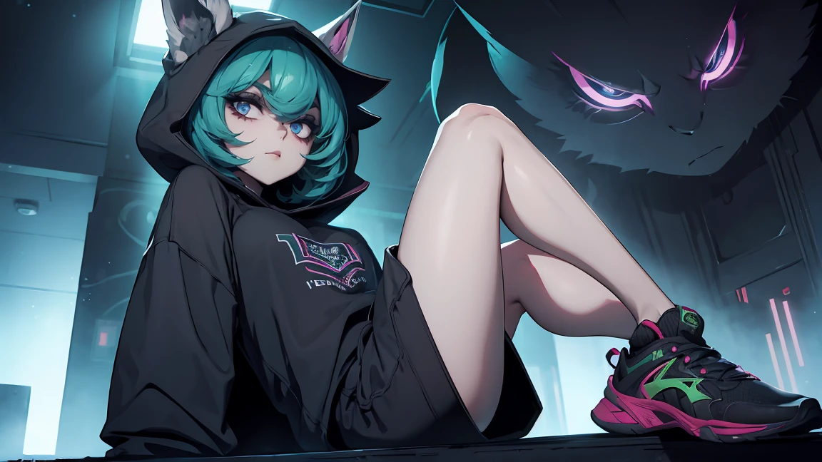 girl, large black sweatshirt, sitting posture, calm look, Sitting in front, legs open, a dark room, evil eyes, sexy pose, glowing skin, Looking ahead, facial expression
