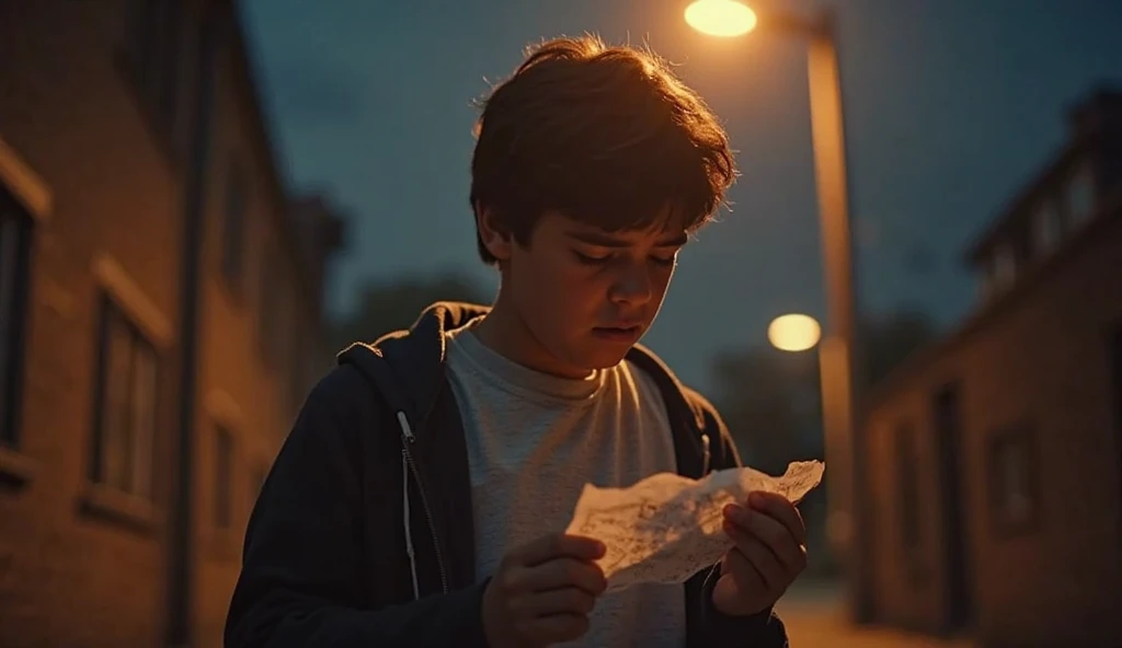 "Illustration of a boy named Dewey blue eyes finding a mysterious letter under a shiny rock in a green, sunny yard. Zezinho has short brown hair, wears a red t-shirt and denim shorts. He has an expression of surprise and excitement as he holds the letter. The yard is full of colorful flowers and a large tree in the background.."