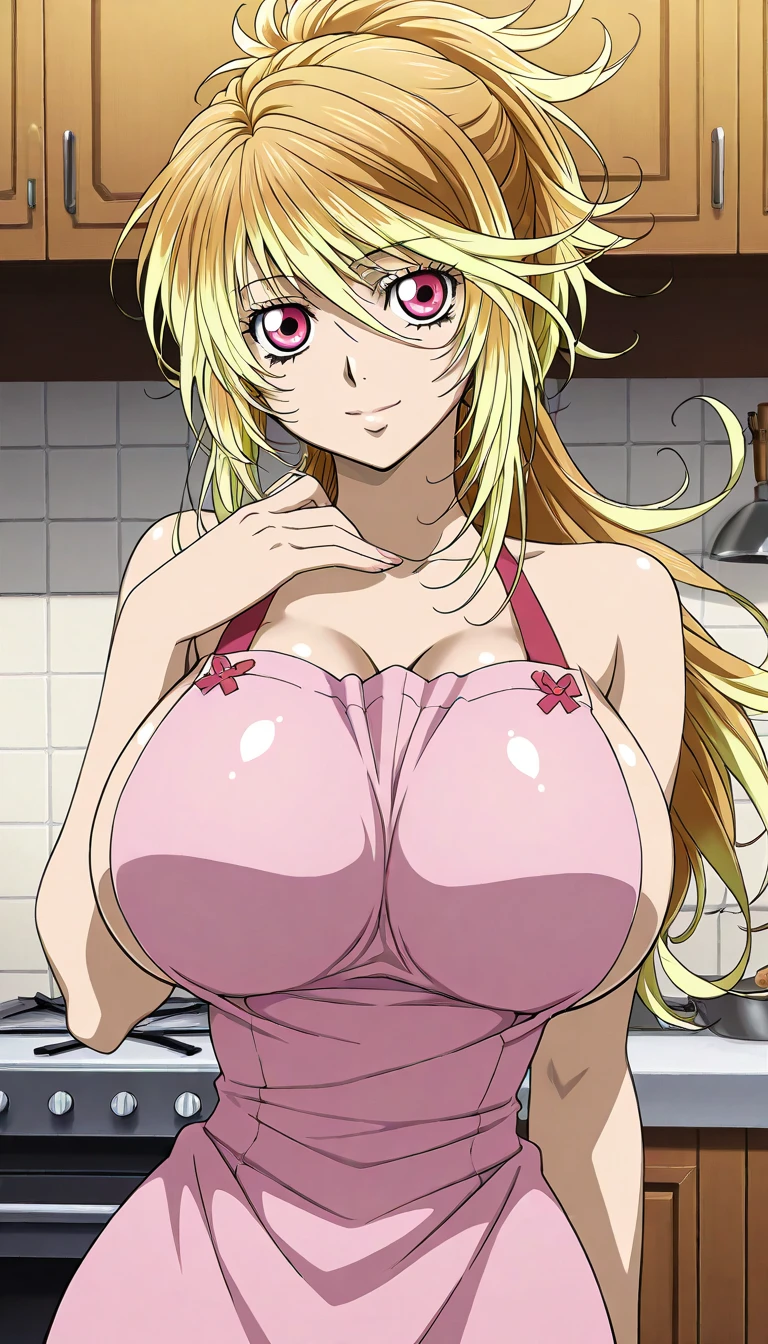 (masterpiece:1.2),(Shiny skin:1.1), Full Body, anime, (anime style:1.5), Detailed cloth texture, Detailed hair texture, One girl, 18 year old girl, sexy pose, kitchen background, Long eyelashes, Lips parted, shining pink lips, Heart shaped pupils, seducive smile (The body is slim:1.1), (Beautiful blonde long hair:1.2), (Huge breasts:1.6), Floating Hair, (bangs), (white apron only), (Cleavage), ( Earrings), Blushing, horny, long ponytail,close to male viewer