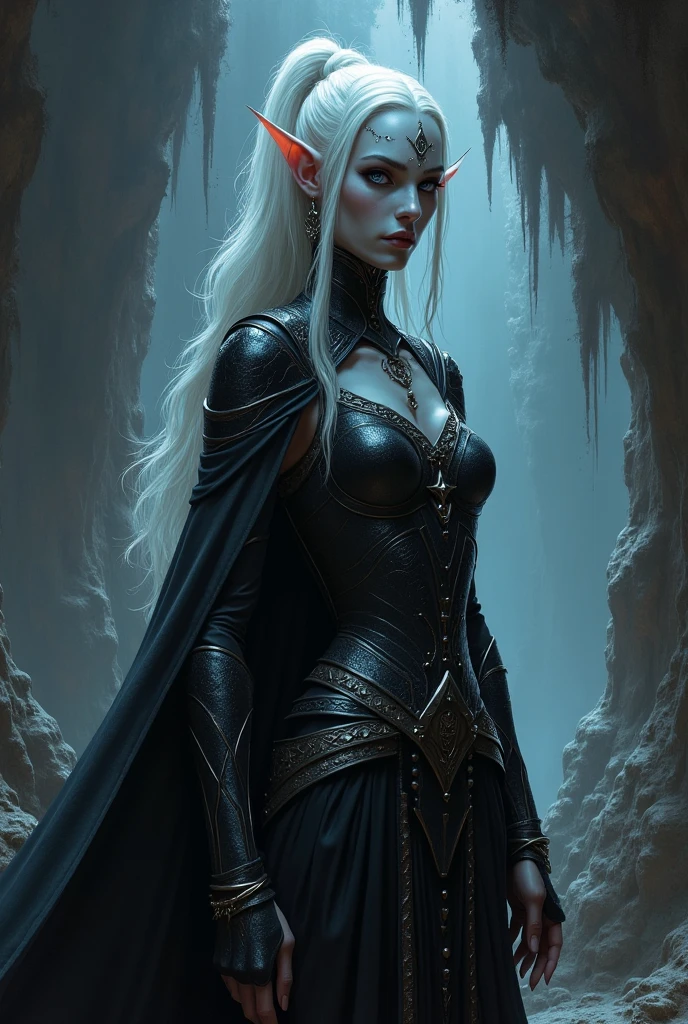 Drow female from baldur's gate, best quality, ultra-detailed CG unity 8k wallpaper, sitting on a boulder, legs crossed classy, high resolution, dynamic pose, beautiful face, (dark platemail, red eyes), depth of field, underdark setting, magic light), (high fantasy) (white Hair, long flowing hair)