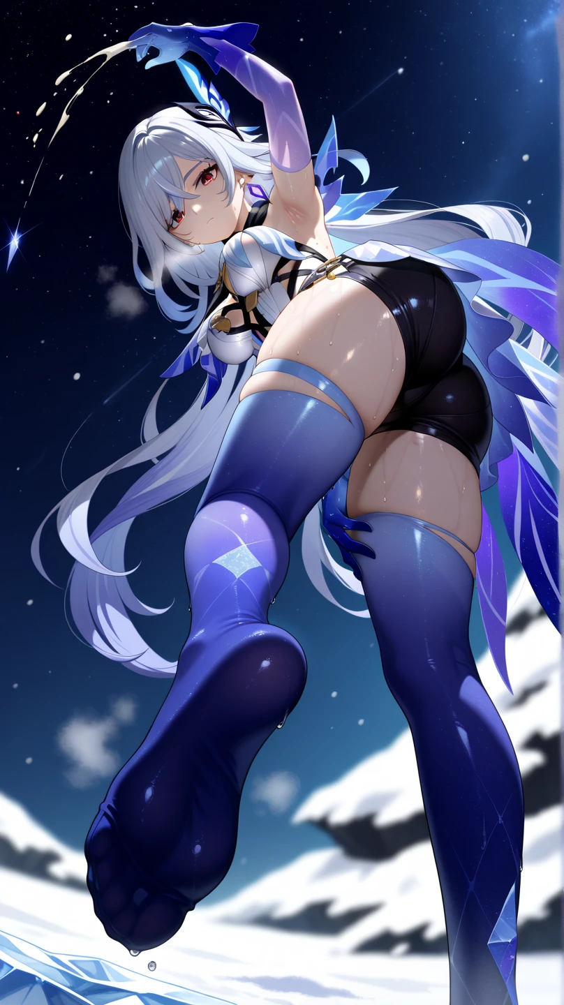 Highest quality, A seductive smile, Spread your legs,See-through clothes,Bunny girl,Blue tights,Big Breasts,Are standing,Back view,