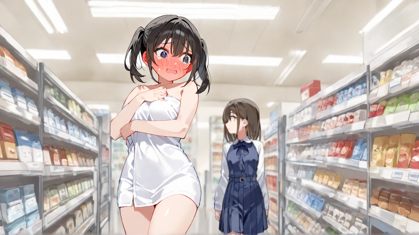 Nagino Sakura, brown eyes, brown hair, hair band, medium length hair, empty eyes , Running, wearing nothing, big anime eyes, , shiny hair, bare-skin, navel, the groin, BREAK in front of convenience store, large breasts、 Nipples, nsfw, nipple , wet, Flooding. sea. solo