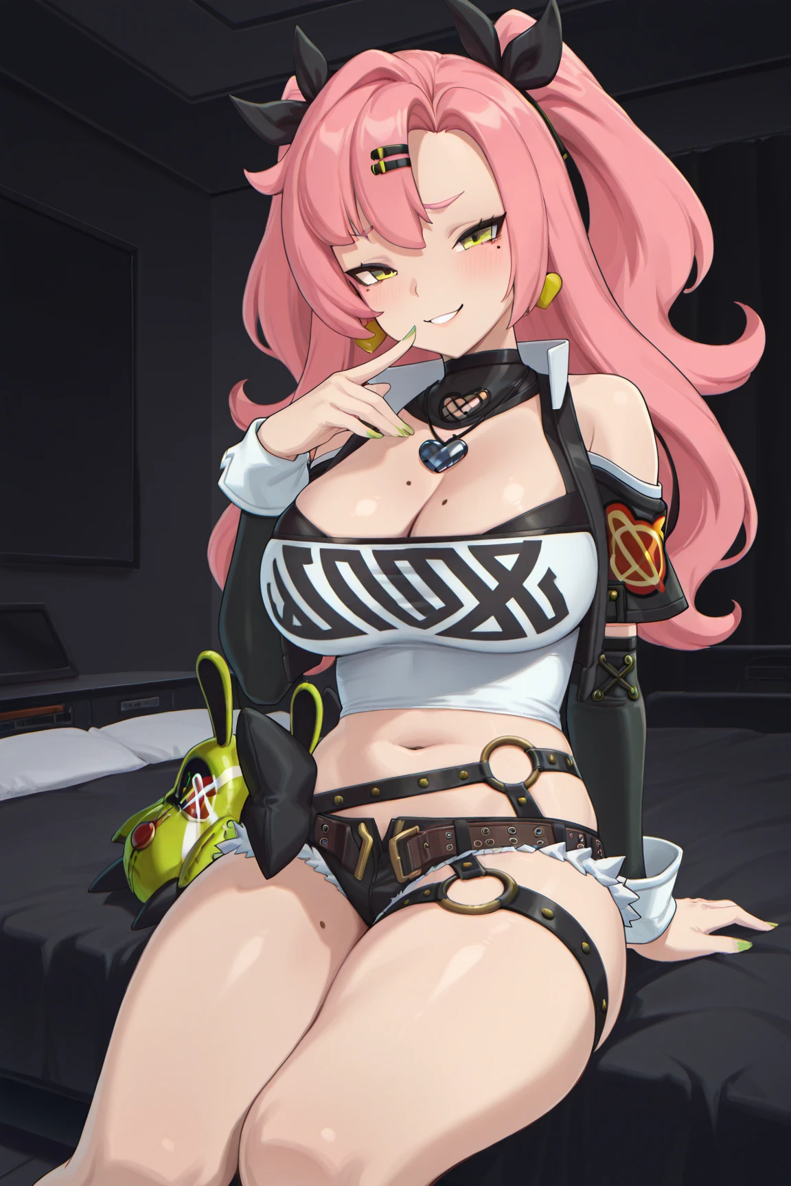 Score_9, score_8_up, score_7_up, score_6_up, source_anime, 1girl, slutty_clothes, makeup, jewelry, aru_\(blue_archive\), pink hair, horns, halo, blunt bangs, long hair, aroused, horny, sweaty skin, shiny skin, body, slutty_clothes, pink, sleeveless, elbow gloves, thighhighs, thong, crop top, v smile, grin, blush, spread legs, platform high heels, casting couch, couch, sitting, ultra detailed, perfect hands, 5 fingers, couch, sitting, leopard print, animal print