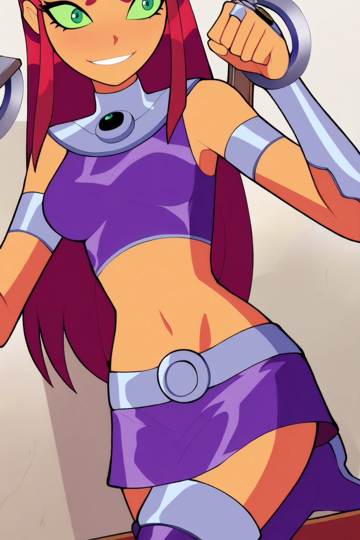 1girl, score_9, score_8_up, score_7_up, masterpiece, high quality, western cartoon, neon lighting, very detailed, depth of field, cinematic illumination, volumetric lighting, full color picture, vibrant colors, solo, alone,
1girl, TriG, dark skin, MTG, white hair, purple hair, orange hair, multicolored hair, short hair, purple lips, purple eyes, purple earrings, multicolored crop top, white elbow gloves, gold belt, gold buckle on belt, midriff, multicolored skirt, white thighhighs, white boots, gold ring, zettai ryouiki, miniskirt, makeup,
standing, facing forward, full body, action pose, dynamic, looking at viewer, spaceship interior,