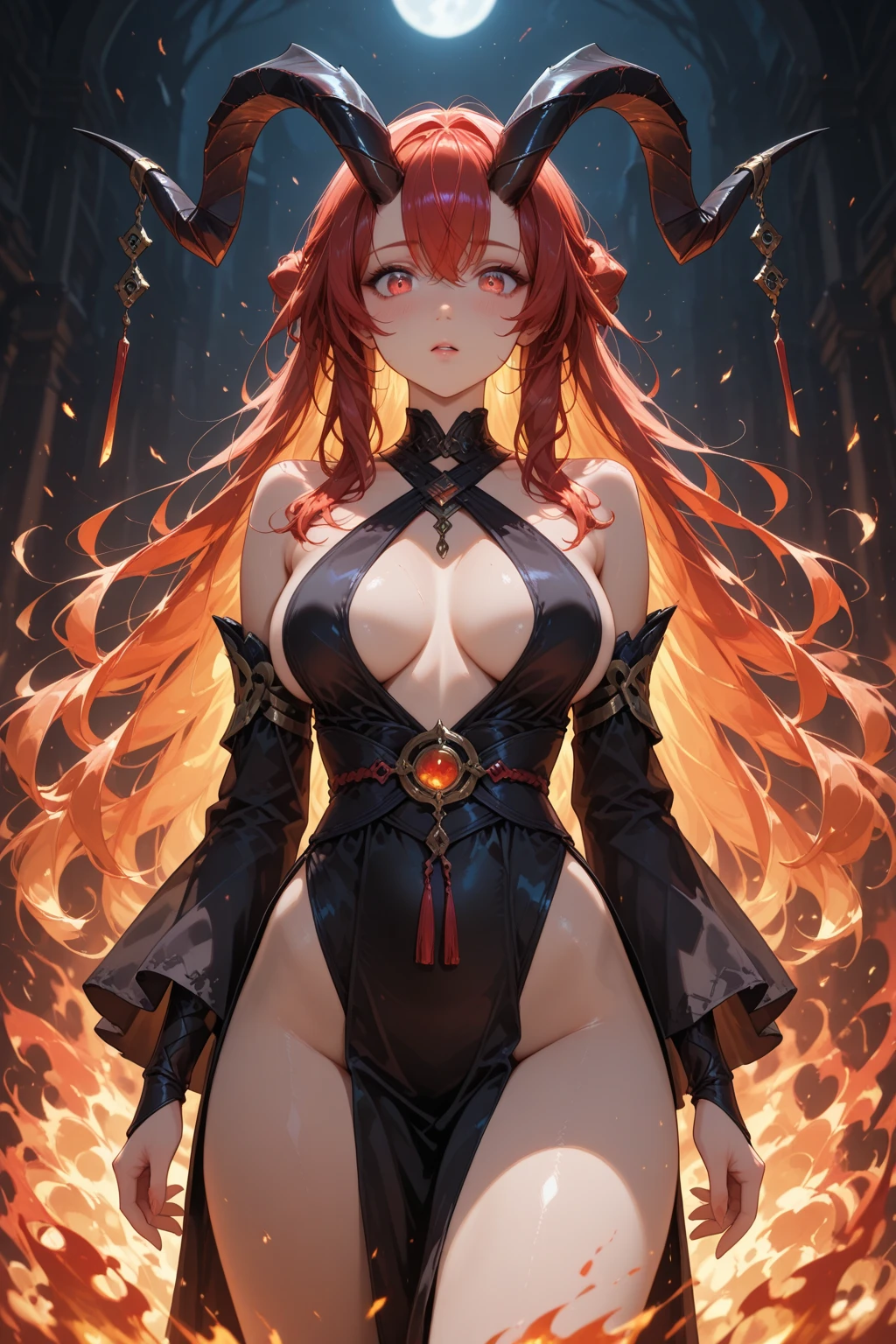(8K、HighestQuali、tmasterpiece:1.2)、(hentail realism、pfotorealistic:1.37)、Hyper-detailing,(8K, Yes, Best quality, tmasterpiece:1.2),\(eye detailed\),\(Facial features\),(\(Clothes detail details\)\),full bodyesbian,(Facial focus) ,Very detailed CG unity 8K wallpaper,hugefilesize,ultra - detailed,A high resolution,absurderes,beautidful eyes,Ray traching,dramatic shadow,finely detailled,Dramatic angles,Hyper-detailing,(1 girl:1.3),(Solo),a matural female,thick thight,busty figure,Thick lips,((LONG WAVE hair,The color of the hair resembles a flame,Red hair,Medium bangs:1.3))+((Yellow eyes,Beautiful detailed pupils:1.3)),((Tall,huge tit,fat thigh,Plump ass:1.2)),((detailed super oily shiny skin:1.1)),Sexy maid outfit,((Restraint straps tied to the chest and thighs:1.4)),((Elf ,pointed ears,tall and slim body,Beautiful Detailed Muscle Lines:1.3))