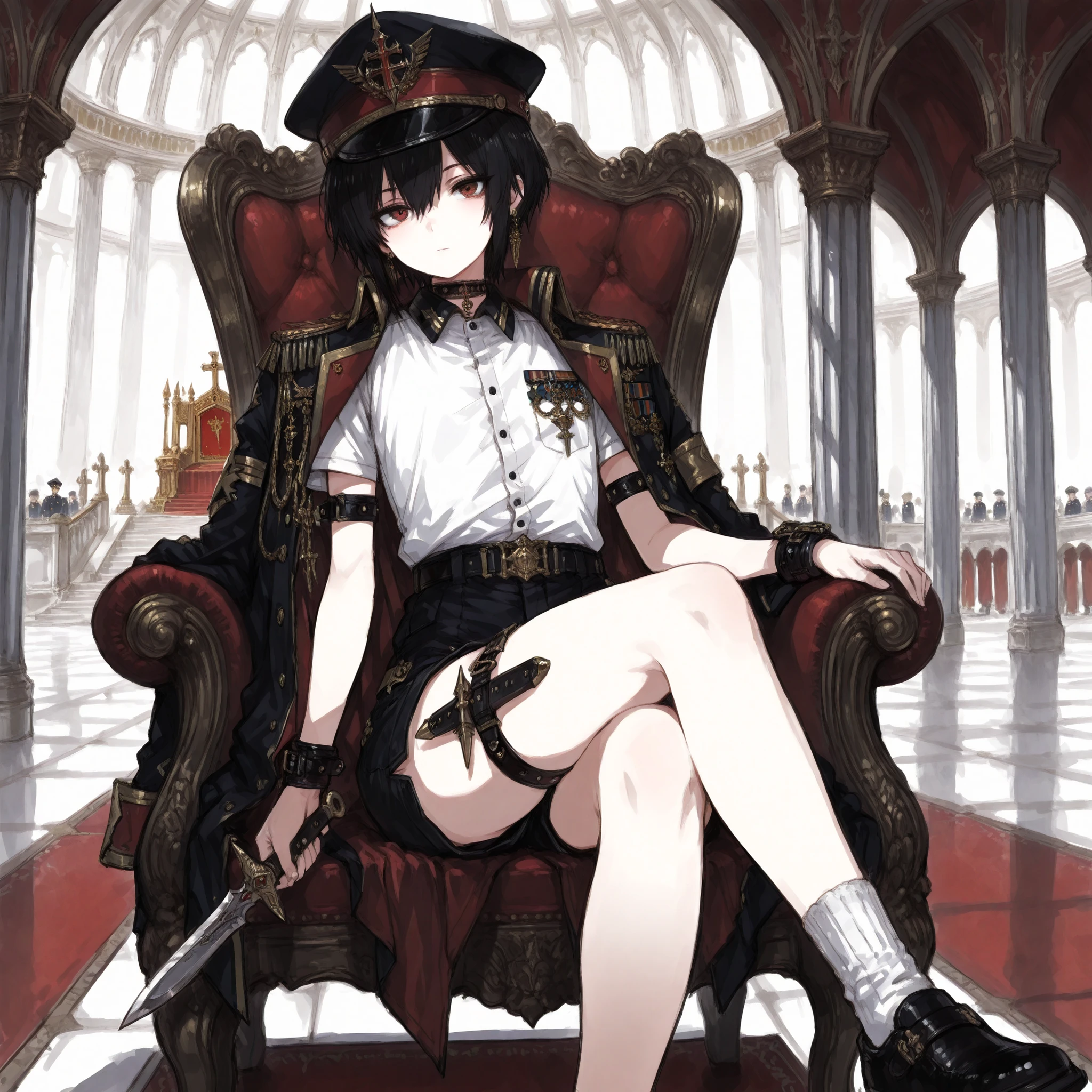 ((Best Quality)), ((masterpieces)), (detailed), Perfect Face, SOLO, ((femboy)), tomgirl, ANIME, beautiful detailed eyes, BOB hair, BOBed hair, black hair, RED EYES, BARE thighs, (((BARE LEG))), ((BLACK short pants)), (((dress shirt))), ((Flat chest)), Choker, (knife thigh strap), (General's Uniform), uniform hat, ((general uniform top)), arm straps, ((black general's uniform top draped over the shoulders)), expressionless, tight short black shorts, ((Holding dagger)), earring, Royal palace, GREAT HALL, red throne, cross legs, Black shoes and white socks, (buckle), ((Tuck in the shirt)), ((uniform outerwear)), short sleeves, wrist guard, FANTASY Dagger ,