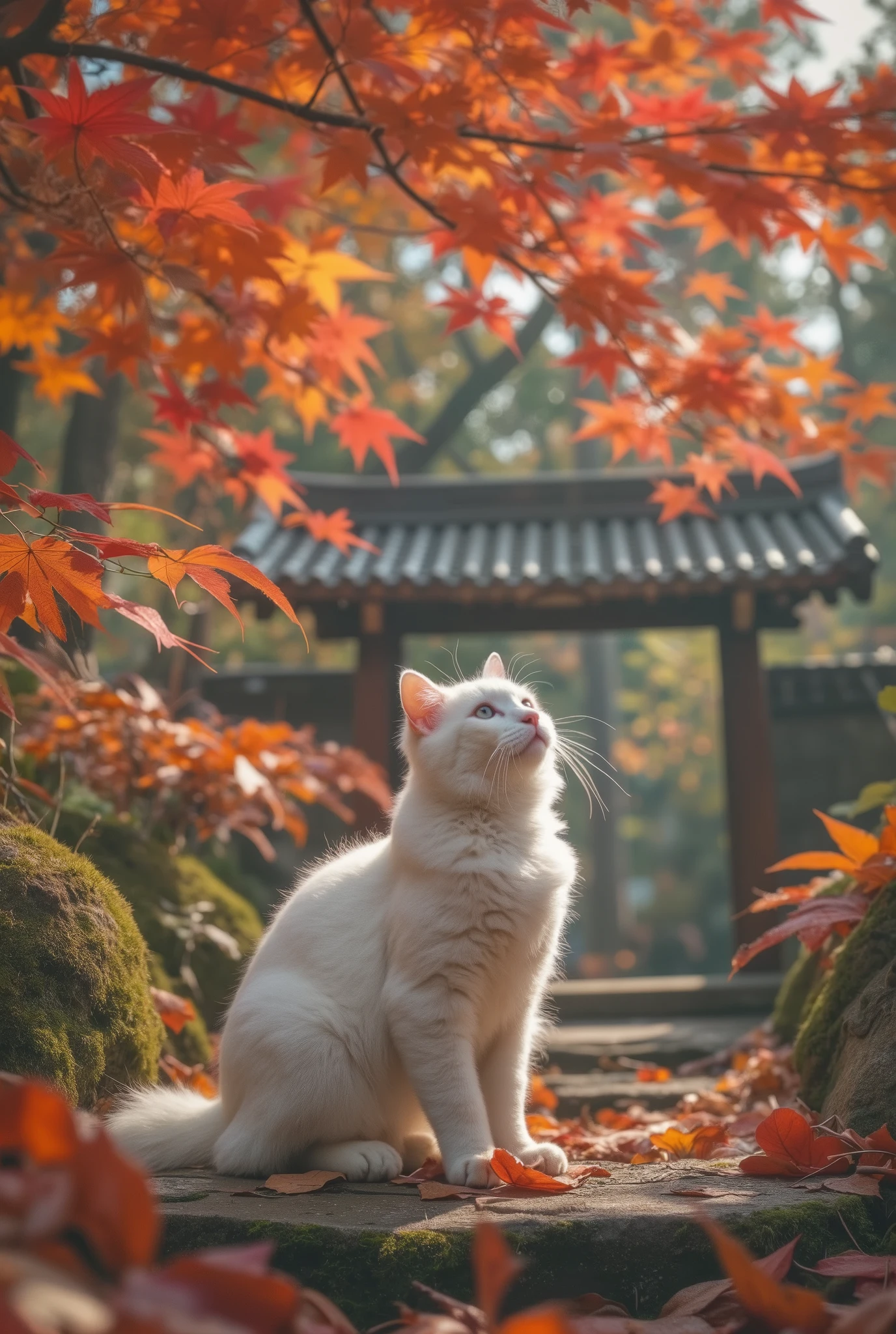 masterpiece, best quality, ultra detailed, white fluffy cute cat with soft fur, sitting quietly on a mossy stone path, looking upward at vibrant red and orange autumn maple leaves, traditional Japanese garden in fall, maple trees in full color, gentle sunlight filtering through the leaves, ancient wooden temple gate or pagoda in background, fallen leaves on the ground, peaceful and nostalgic mood, cinematic composition, anime style, highly detailed and atmospheric