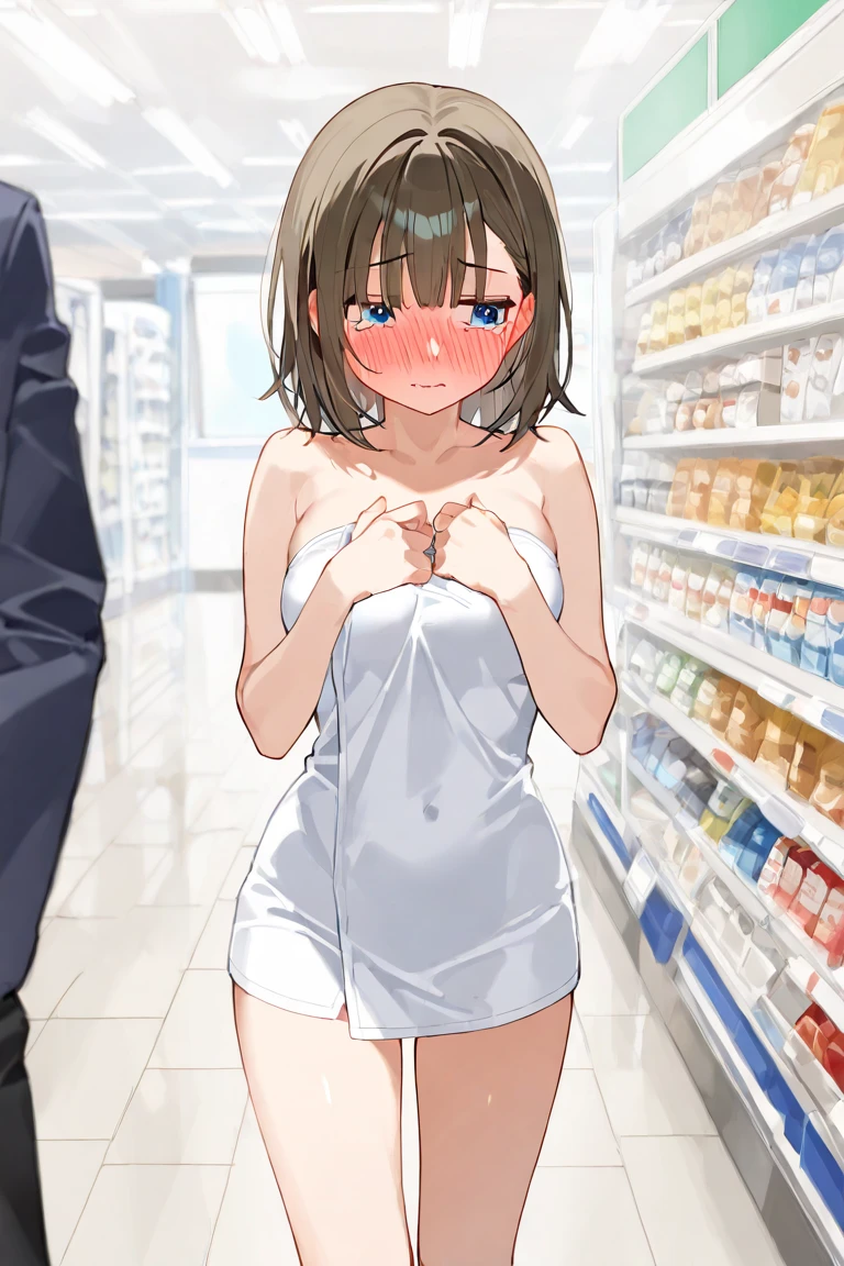 Nagino Sakura, brown eyes, brown hair, hair band, medium length hair,  empty eyes , Running, wearing nothing, big anime eyes, , shiny hair, bare-skin, navel, the groin, BREAK in front of convenience store, large breasts, Nipples, nsfw, nipple , wet, Flooding. sea. solo, crying, Standing pee