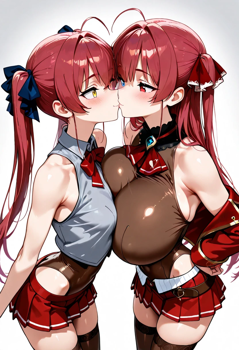 nobara kugisaki,rias gremory,nude,large breasts,red nails, white heels,sexy, 2female, multiple characters,2 characters, choker, smiling,horny, masterpiece,choker,looking at each other,high res,high quality , detailed face, detailed eyes,messy hair, detailed hair,closed eyes, sitting on bed, dominating,femdom,abs, leash,hold leash,nobara touching rias breasts,nobara laughing