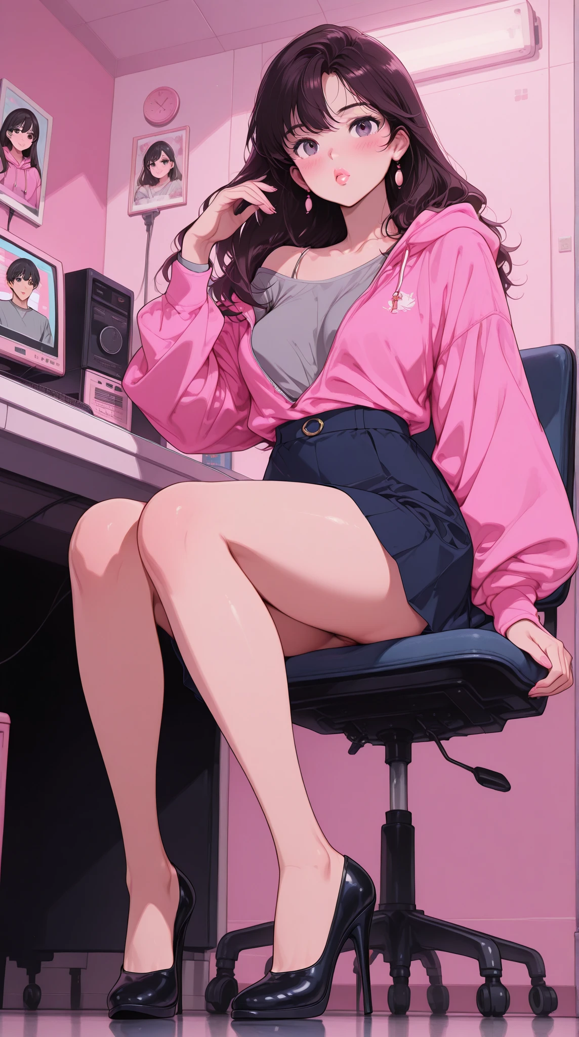 small thai girl, Muay Face, Fair-skinned, 30 years old, One eye., Big nose, plump red lips, Long straight black hair, Wear a pink bra showing your nipples., Covered up with a faded jean jacket., Wearing a short black skirt with white polka dots, legs open, showing underwear., sitting in the office, Portrait of a real person,