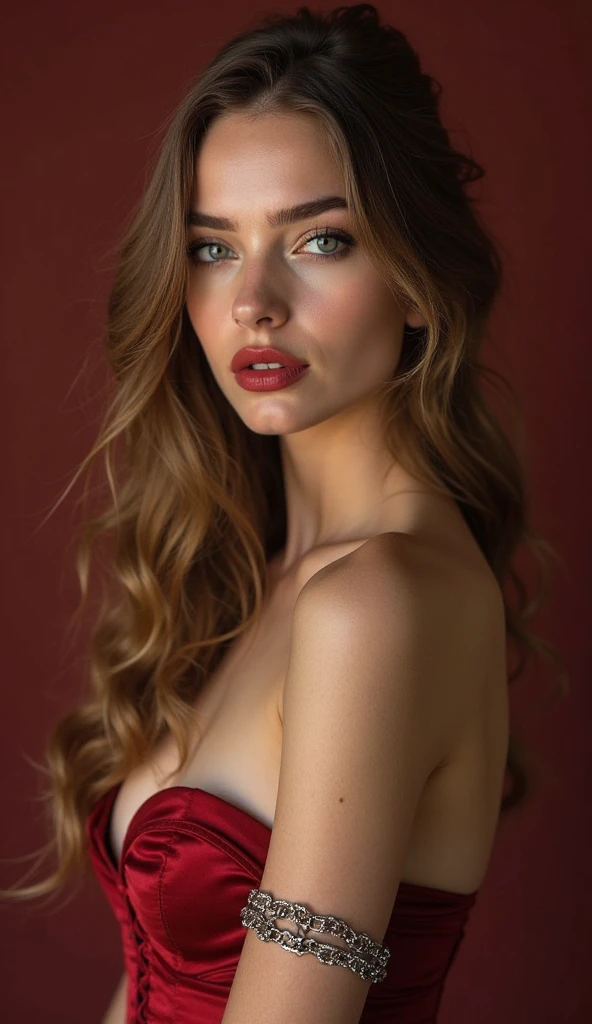 portrait photography, breasts larger than twice her head, glowing red hair, bright red lipstick, puckered lips, sparkling red dress, proper eye position, natural skin, backlight, cinematic light, rim light, soft light, in night time, detailed color graded background, highly detailed, HD, 8k, by Annie Leibovitz