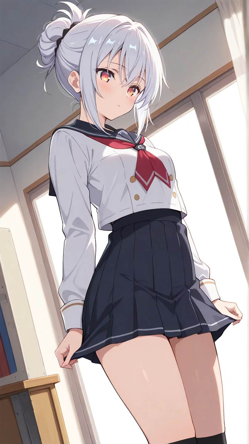 ((1 girl:1.5))、(smile:1.5)、small breasts、(cowboy shot)、(fun!!)、(white cardigan:1.5)、(white hair)、blush、(long hair)、(eye highlights:1.3)、blake black shoes,(黒いskirt:1.5)、bow, button, shirt with collar, long sleeve, ((red bow tie, ,, white shirt, チェック柄のskirt:1.5、white socks)),, shirt,, skirt, socks, thighs, white shirt, Rest indoors, ((classroom:1.5))、 BREAK while watching the audience、 (perfect hands, perfect anatomy),cowboy shot、(skirtlift:1.3),(highly detailed white panties:1.3)、(highly detailed panties:1.3)、、(skirt that rolls up:1.3)、(fully exposed panties:1.5)、light blue eyes
