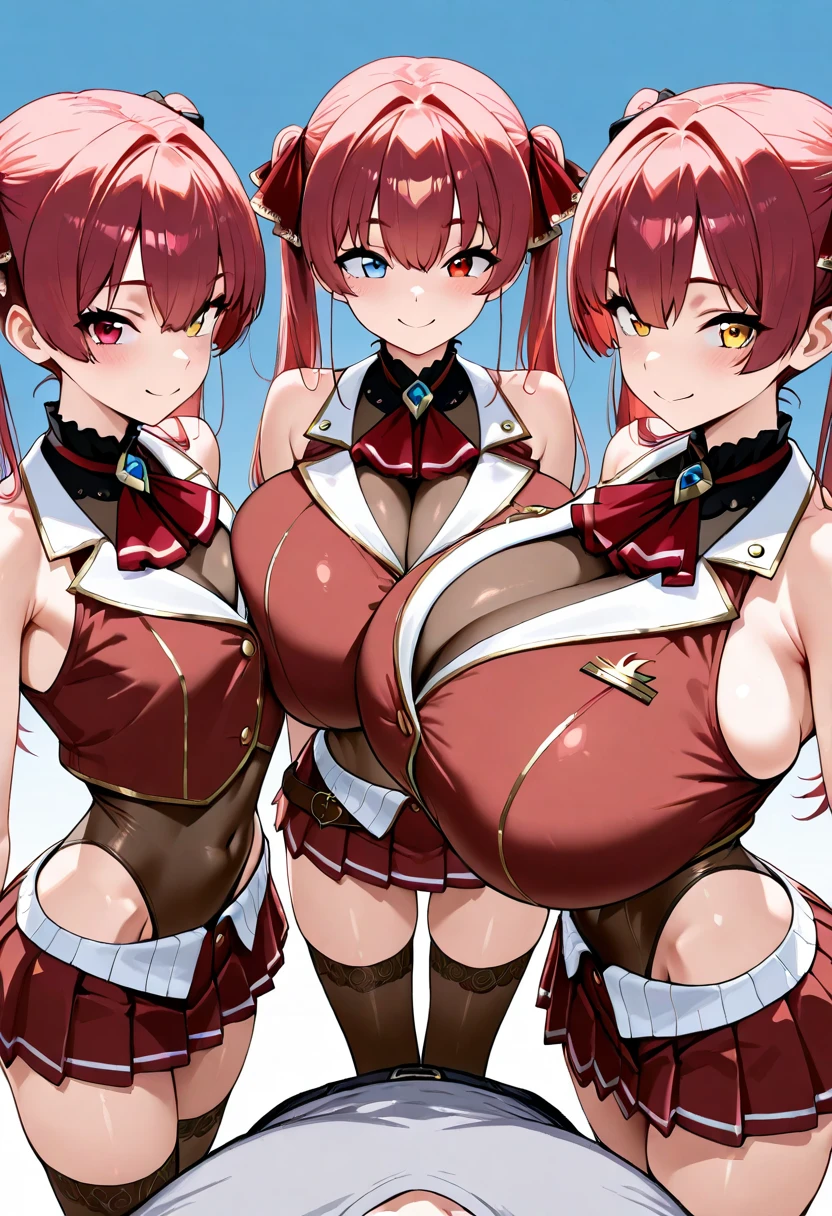 Kasane Teto, alone, solo, looking at viewer, smiling, short hair, skirt, simple background, shirt, red eyes, white background, ribbon, full body, ahoge, red hair, twin drills, breasts, blushing, smiling, bangs, huge breasts, (huge breasts: 1.8), big thighs, (thighs: 1.8), knee-socks, navel, exposed shoulders, mouth closed, standing, swimsuit, heart, bikini, sleeves removed, one eye closed, tie, tongue, striped, shiny, black knee-socks, tongue out, armpit, stomach, arms up, tattoo, skin dent, detachable collar, underbust, high-cut, thigh gap, between breasts, string bikini, headset, striped bikini, high-cut bikini, tie between breasts, aqua nails, red tie, aqua tie,