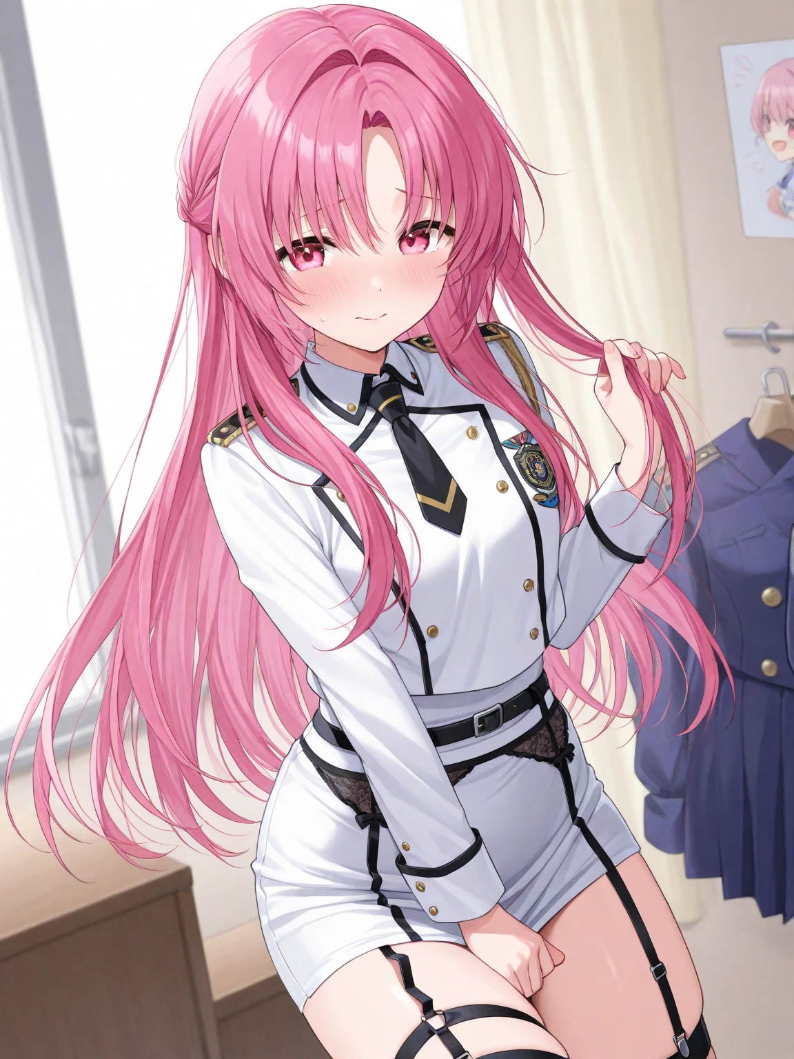 blunt bangs、Pink hair、long hair、pink eyes、plain background、White nurse uniform、beautiful girl、Expressionless、sitting down、Clothes are torn、nsfw、