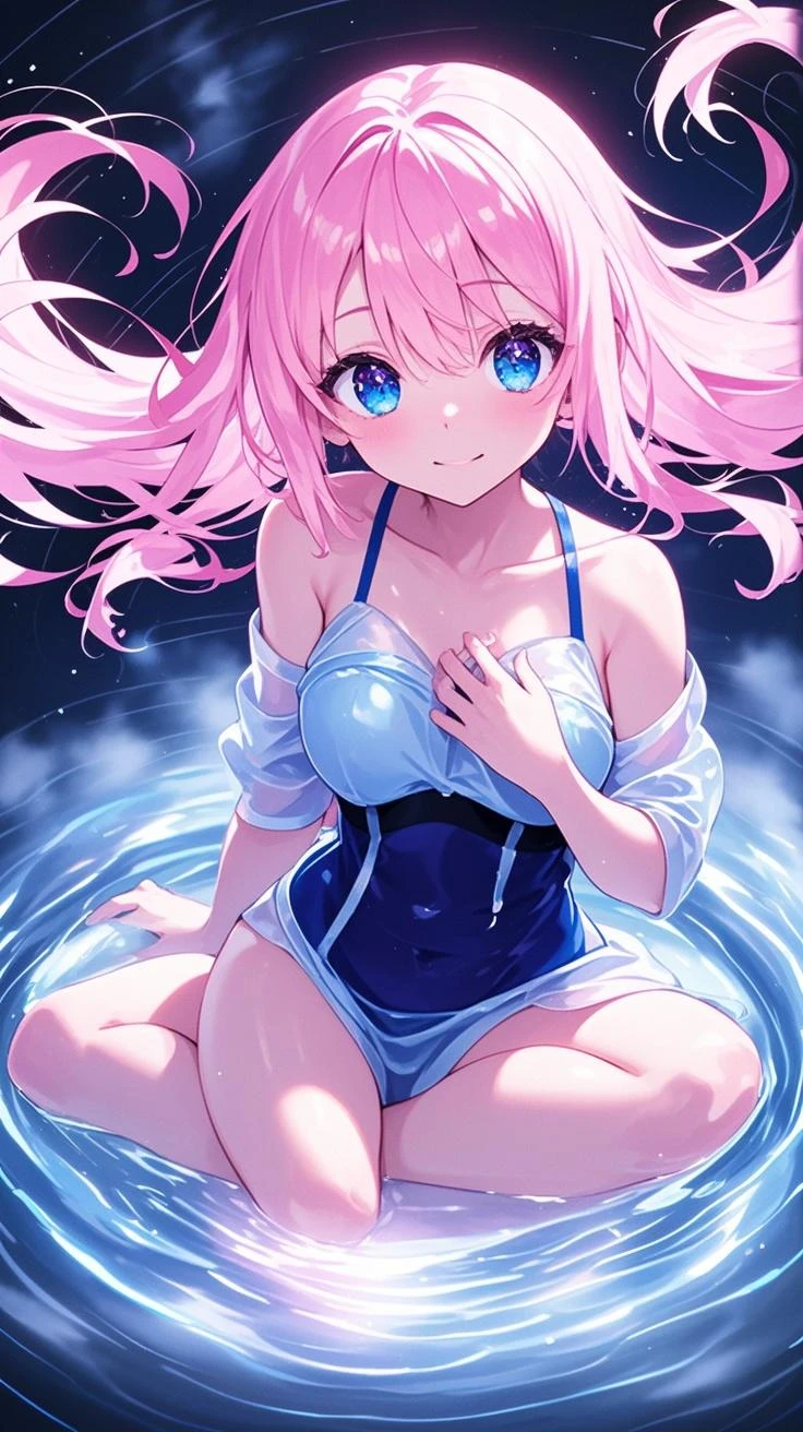 crouching down、　Opening legs, 　Girl in a swimsuit, 夏天, Strong sunshine, Pose showing armpits, Elbows higher than head, Arms behind your back, super sonico, oppai, Long Boobs, Colossal tits, The Naked Goddess in Anime, Ecchi anime style, [ 4 k digital art ]!!,　White high-leg bikini, Open your eyes, Back lighting, chest protrudes, Short bob pink hair, A slight smil, perspiring, Strong backlighting, red tide, sodden, Sky and sea are the whole background、　Yellow light、　Purple Shadow, Fisheye distortion, Composition looking up from underwater