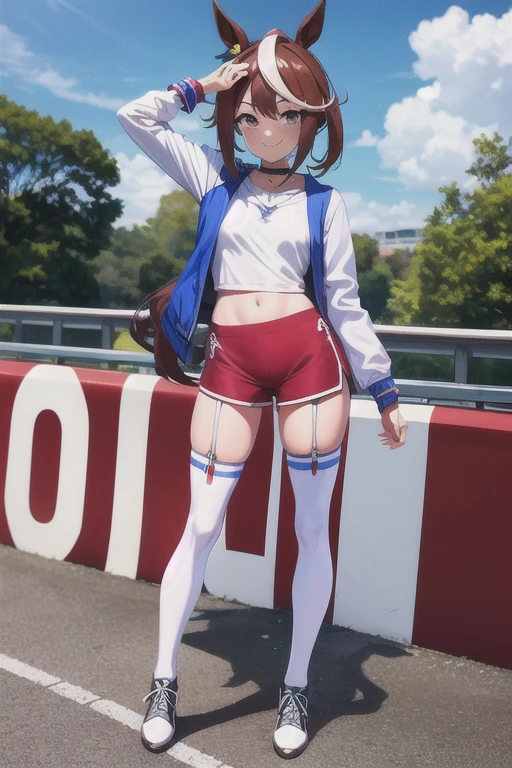 Angry face、(blue shoes)、Angle from below、(At SFW:1.1)、Hands behind the head、(Sperm from the crotch)、(Defecation)、((((barechested))))、Sportsbra、Panties with horizontal stripes、full of sweat、Sheer tights