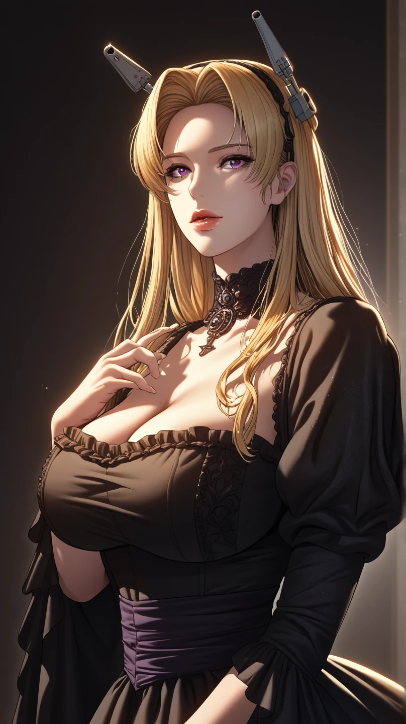 masterpiece, 1womanl, (((Solo))), of the highest quality, Hi-Res, 4K, cleavage, ((Black nightgown)), large breasts, Full body, earrings,